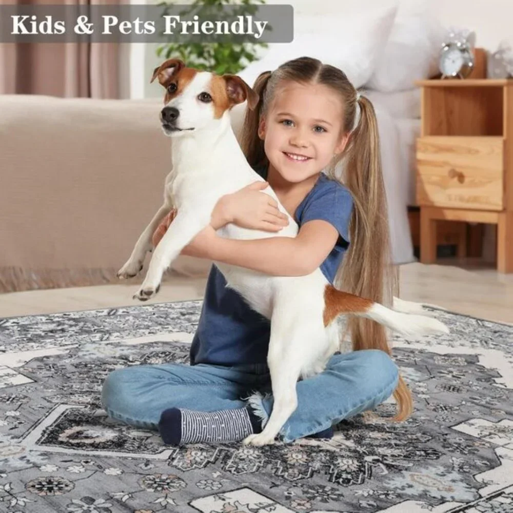 New 6x9 Washable Area Rug, Grey Blue Vintage Non-Slip Low Pile Carpet for Home